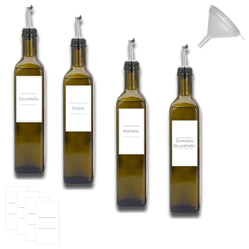 Essig und Ölflaschen Set 4x 500 ml aus Glas mit Trichter, wasserfesten Etiketten Made in Germany (4x antikgrün, mit Edelstahl-Ausgießer) von Generisch