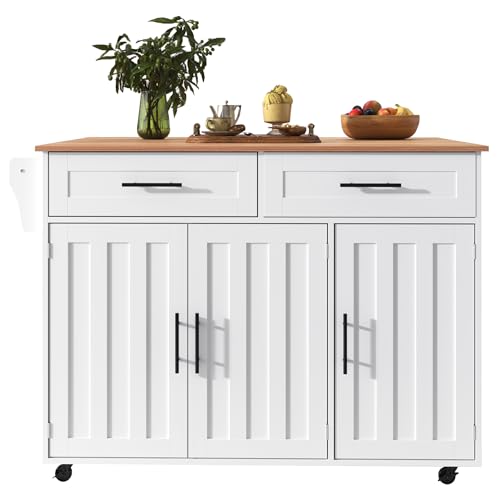 Esstischwagen/Sideboard mit klappbarer Tischplatte, Ablageflächen in der Schranktür, 5 Rollen, mit Stauraum und 2 Schubladen, geeignet für Esszimmer, weiß 129 * 46(71)*91,5 cm von Generisch