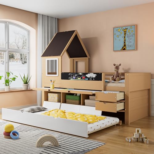 Etagenbett Baumhausbett mit Schubladen, Ausziehbett & Ausziehtisch – Maximierter Stauraum, Graffiti-Tafel, Fensterdesign aus Kiefer & MDF in Weiß & Natur (90x200&90x190cm, FSC-Zertifiziert) von Generisch