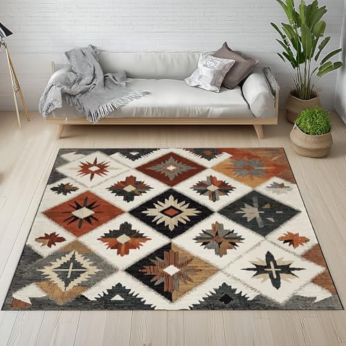 Ethnischer Kariert Diamant Teppich Kinderzimmer Waschbarer Rutschfest Rustikaler Rustikaler Teppich Weiche Kurzflor 100 x 160 cm Carpet für Wohnzimmer Schlafzimmer Bürostuhl Küche Kinderzimmer von Generisch