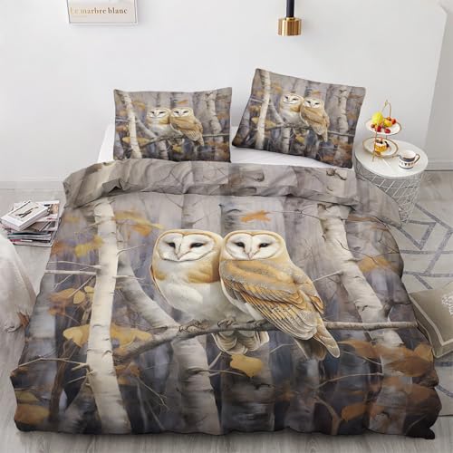 Eule Deko - Eule Bettwäsche 135x200 Winter, Birke Bettbezug 135 x 200 2er Set mit 1 Kissenbezug 80x80, Weiche Mikrofaser Winterbettwäsche mit Reißverschluss N#&242 von Generisch