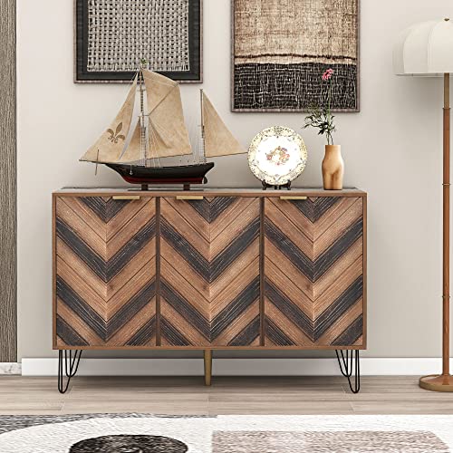 Exklusives 3-türiges Sideboard mit Massivholzfurnier, goldenen Griffen & Eisenfüßen – Elegante Aufbewahrungslösung für Wohnzimmer, Flur oder Büro (120x76,5x38 cm) von Generisch