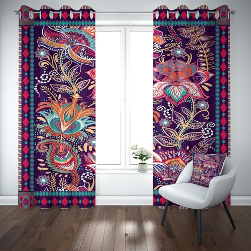 Exotisch Blumenmuster Vorhänge Thermovorhang 145x140 cm (H×B) 2er Set Vintage Ethnischer Stil Gardinen Wohnzimmer Schlafzimmer küchengardinen Verdunkelungsvorhang Hitzeschutz Mit Ösen von Generisch