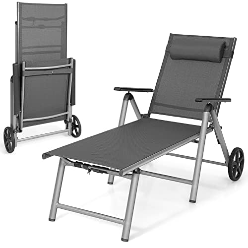 FANTASK Sonnenliege aus Aluminium mit Rollen, klappbare Gartenliege mit 7-Fach Verstellbarer Rückenlehne und abnehmbarem Kopfkissen, Liegestuhl, Klappliege für Garten, Balkon, Terrasse von Generisch