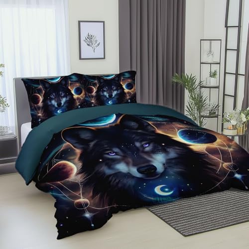 Fantasie Planet Wolf Bettbezug 155 x 200 cm Bedruckte Microfaser Wendebettbezug Dunkles Blaugrün Weiche Mädchen Winter Bettwäsche mit Reißverschluss Für Schlafzimmerdekoration von Generisch