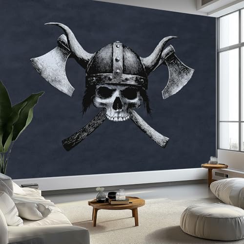 Fantasie Wikinger Totenkopf Axt Symbol Panorama Tapete, Dunkelgrau Vliestapete Bild Dekoration Wand-Dekor für Wohnzimmer Schlafzimmer Kinderzimmer Wanddekoration - 3D Wandbild (400 x 280 cm) von Generisch