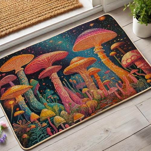 Fantasy-Pilz-Fußmatte, buntes Pilz-Design für Außen- und Inneneingang, saisonale Dekoration, rutschfest, wasserdicht, staubabsorbierend, leicht zu reinigen, 73 x 43 cm von Generisch