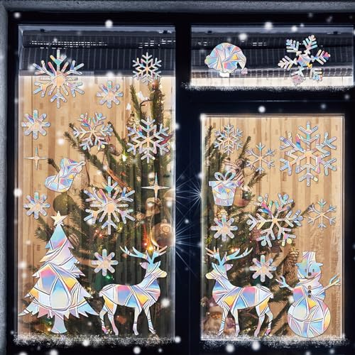 Fensterfolie, Weihnachten Bunt Schneeflocken Elch Fensterfolie Blickdicht, Sichtschutz Glasfolie Statische Elektrizität Selbsthaftend,Fensterdekorfolie 4 Aufkleber (20×30cm) von Generisch