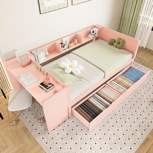 Flachbett, Holzbett, 90x200cm, mit Schreibtisch, ausgestattet mit 2 Schubladen, Einzelbett(Ohne Matratze), mit Regalen, Kiefer+Spanplatte von Generisch