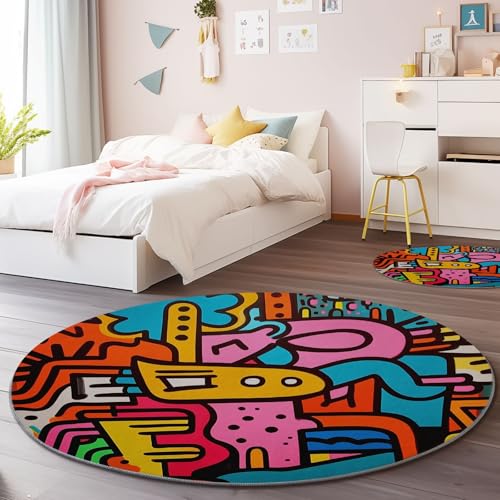 Flanell Kurzflor Runder Teppich Bunt, Abstrakt Geometrisch Linien Thema Moderner rutschfest Teppiche Rund für Schlafzimmer Esszimmer Studie Kinderzimmer - 60 x 60 cm Weich Waschbare Teppich von Generisch