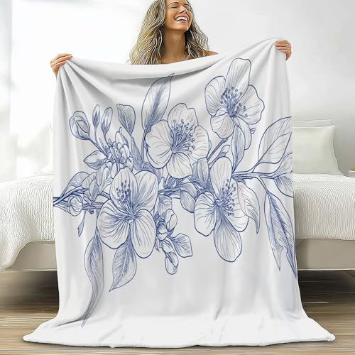 Flanell Kuscheldecke Handgezeichnete Blumenzweige 180 x 220 cm Wohndecken Fleecedecke, Weiß Weiche Flauschig Gemütliche Warme Sofaüberwurf - Wohnzimmer Schlafzimmer Tagesdecke von Generisch