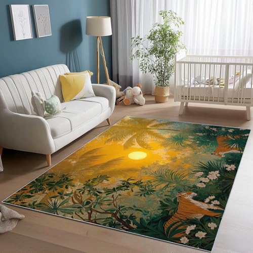 Flanell Teppich Retro Wald Tiger Sonne Thema, Grün Orange Soft Touch Teppiche 80 x 150 cm für Kinder Wohnzimmer Schlafzimmer - Leicht Zu Reinigen Mit rutschfest Rückendeckung von Generisch