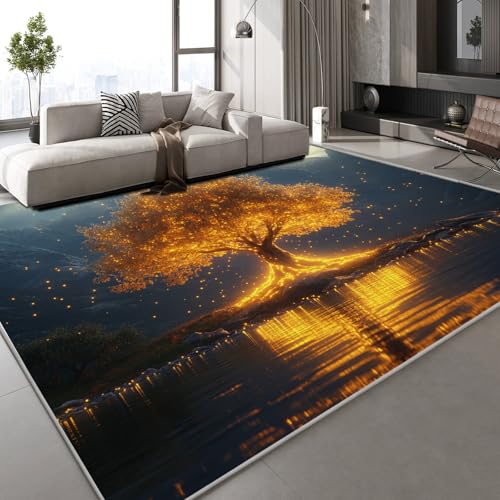 Flanell Teppich Wohnzimmer Großer Baum Leuchtend Muster Flauschig Weich rutschfest Landschaft Teppiche Fußmatte Living Room Deko Schlafzimmer Flur Läufer Indoor Carpet Spielteppich 80x120 cm von Generisch