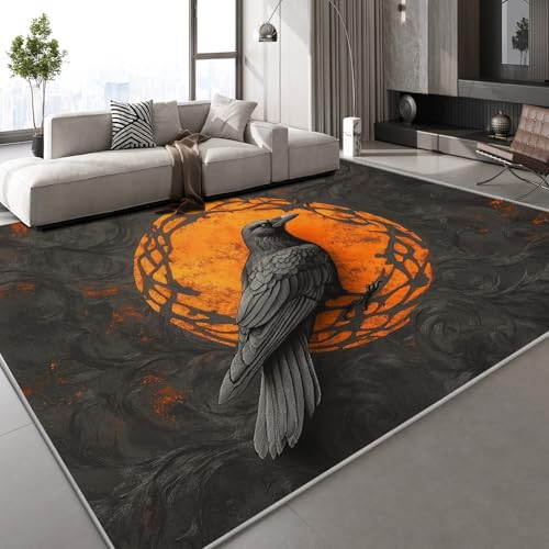 Flanell Teppich Wohnzimmer Rabe Nordische Mythologie Muster Flauschig Weich rutschfest Mond Retro Teppiche Fußmatte Living Room Deko Schlafzimmer Flur Läufer Indoor Carpet Spielteppich 180x240 cm von Generisch