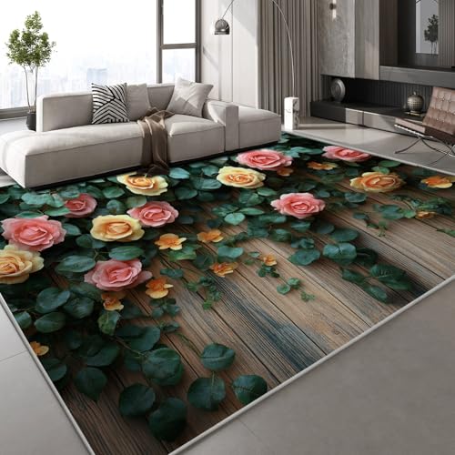Flanell Teppich Wohnzimmer Rosen Schmetterlinge Muster Flauschig Weich rutschfest Holz Natur Teppiche Fußmatte Living Room Deko Schlafzimmer Flur Läufer Indoor Carpet Spielteppich 120x160 cm von Generisch