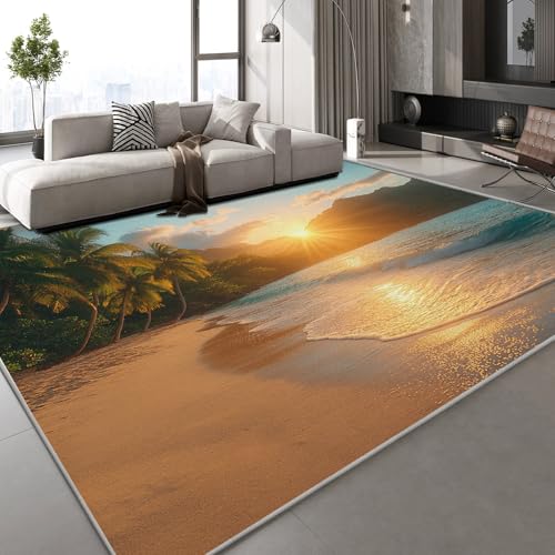 Flanell Teppich Wohnzimmer Sonnenuntergang Meer Muster Flauschig Weich rutschfest Natur Landschaft Teppiche Fußmatte Living Room Deko Schlafzimmer Flur Läufer Indoor Carpet Spielteppich 160x230 cm von Generisch