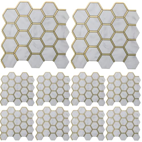 Fliesenrückwand zum Abziehen und Aufkleben, selbstklebend, PVC, sechseckig, weißer Marmor-Effekt mit goldenen Akzenten, wasserdicht, hitzebeständig, einfache Installation für Bad und Küche, 10 Stück von Generisch