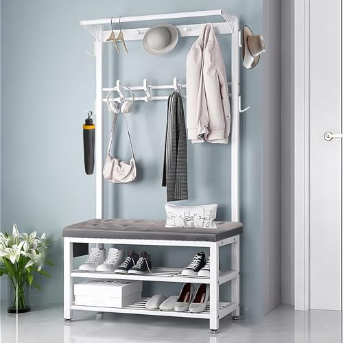 Flurbaum mit Bank und Schuhaufbewahrung – Garderobe für den Eingangsbereich, mit Haken, Metallrahmen, stilvolle Eingangsbank für Wohnzimmer und Flur, L: 80/100 cm, platzsparendes Design von Generisch