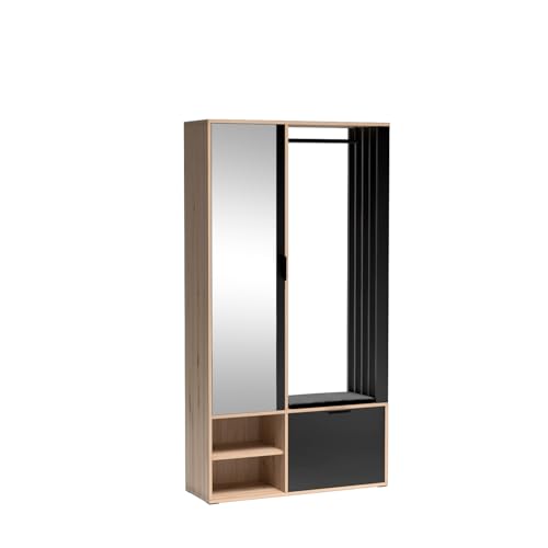 Flurgarderobe Set mit Spiegel und Sitzkissen Garderobenleiste und Schuhaufbewahrung 100cm breit Artisan Eiche/Schwarz von Generisch