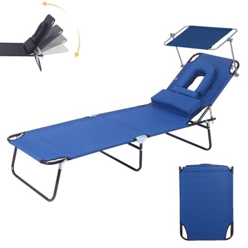 Folding Sun Lounger,Portable Beach Lounge Chair with Face Hole,4-Level Adjustable Outdoor Tanning Reclining Chairs,Headrest & Canopy Shade,265 lbs Capacity,for Camping,Travel (Blue, With Canopy) von Generisch