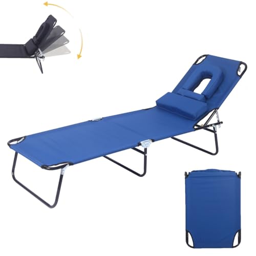Folding Sun Lounger,Portable Beach Lounge Chair with Face Hole,4-Level Adjustable Outdoor Tanning Reclining Chairs,Headrest & Canopy Shade,265 lbs Capacity,for Camping,Travel (Blue, Without Canopy) von Generisch