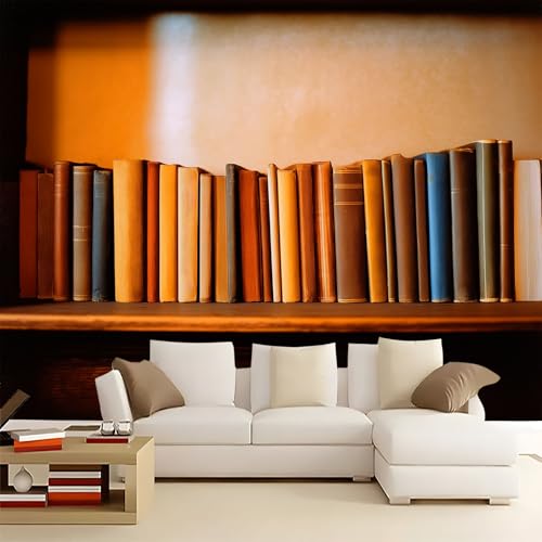 Fototapete 200 x 140 cm (B x H), Surrealismus Bücherregal Retro Wandbild - Khaki Wandposter für Wohnzimmer Schlafzimmer Kinderzimmer und Arbeitszimmer Dekoration von Generisch