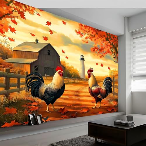 Fototapete 250 x 175 cm (B x H) Landhausstil Herbst Ahorn Hahn Panorama Wandtapete Dekoration, UV-Beständig Moderne Vlies Wanddekoration für Wohnzimmer Schlafzimmer, Gelb von Generisch