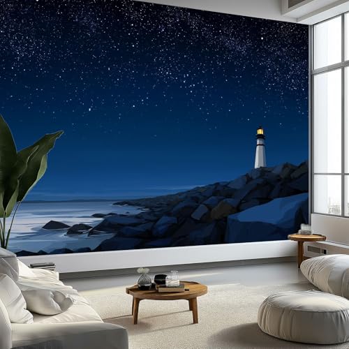 Fototapete 3D Dekoration Natur Landschaft Cartoon Strand Leuchtturm Wandbild 300 x 210 cm (B×H), Seidentuch Tapete Wandtapeten Dunkelblau Wandbilder Für Wohnzimmer Schlafzimmer Panorama Wanddeko von Generisch