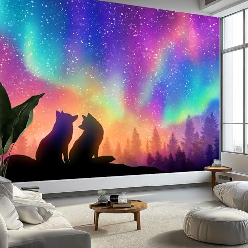 Fototapete 3D Effekt Dekoration Fantasie Nordlichter Tier Fuchs Wandbild 400 x 280 cm (B×H), Seidentuch Tapete Wandtapeten Bunt Wandbilder Für Wohnzimmer Schlafzimmer Panorama Wanddeko von Generisch