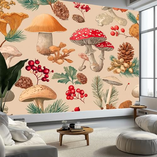 Fototapete 3D Effekt Handgezeichnet Warm Pilze, Vliestapete Hellgelb Panorama Poster Bild - Wohnzimmer Schlafzimmer Büro Flur Wand Dekoration 350 x 256 cm (B x H) von Generisch