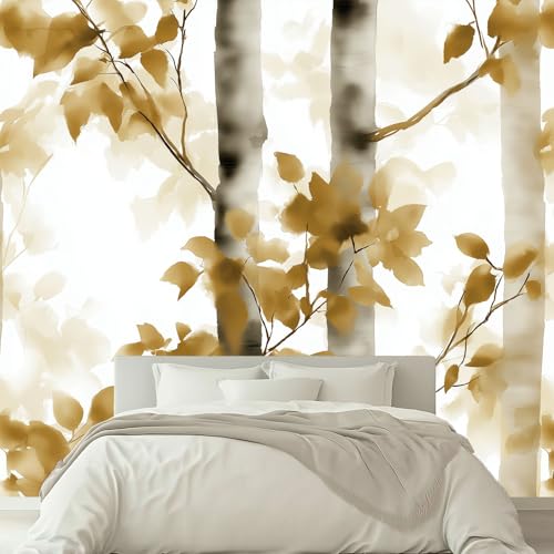 Fototapete 3D Effekt Minimalismus Elegant Birken, Vliestapete Hellgelb Panorama Poster Bild - Wohnzimmer Schlafzimmer Büro Flur Wand Dekoration 350 x 256 cm (B x H) von Generisch