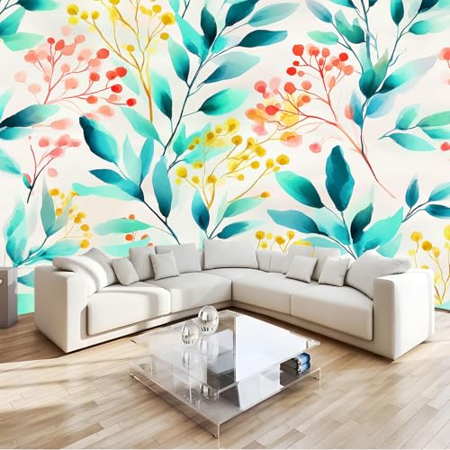 Fototapete 3D Effekt Panorama Exquisit Aquarell Blumen Blätter, 350 x 256 cm (B x H) Wandtapete Blaugrün Motivtapeten Für Die Wanddekoration Von Wohnzimmer Und Schlafzimmer von Generisch