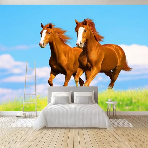 Fototapete 3D Effekt Panorama Natur Gras Tiere Pferde, 350 x 256 cm (B x H) Wandtapete Blau Motivtapeten Für Die Wanddekoration Von Wohnzimmer Und Schlafzimmer von Generisch