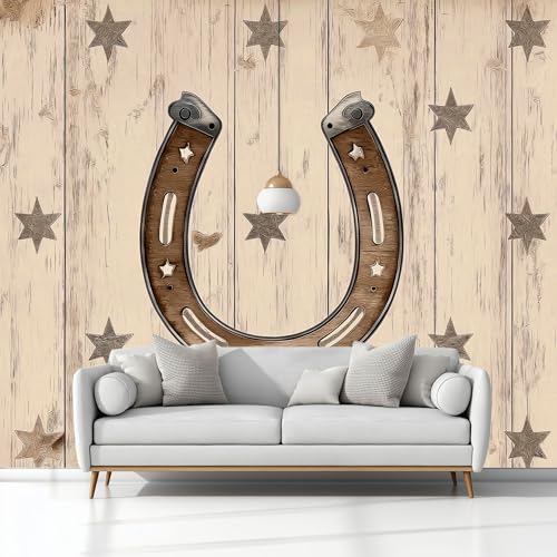 Fototapete 3D Effekt Rustikal Sterne Hufeisen, Vliestapete Hellgelb Panorama Poster Bild - Wohnzimmer Schlafzimmer Büro Flur Wand Dekoration 350 x 256 cm (B x H) von Generisch