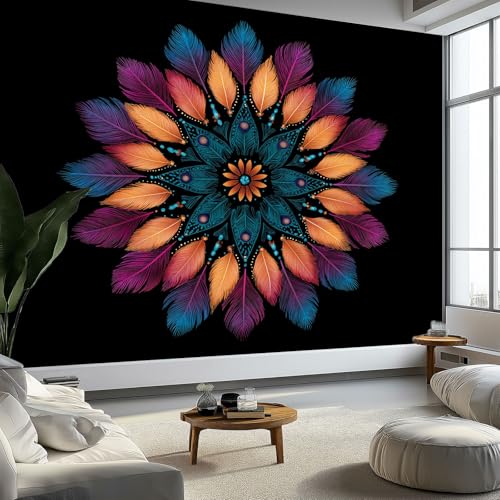 Fototapete Blumen Federn Blätter Tapete 450 x 315 cm (B x H), Mandala Muster Vlies Wanddeko Vliestapete Wandtapete Dekoration Study Zimmer Wohnzimmer Restaurant Cafe Kinderzimmer von Generisch
