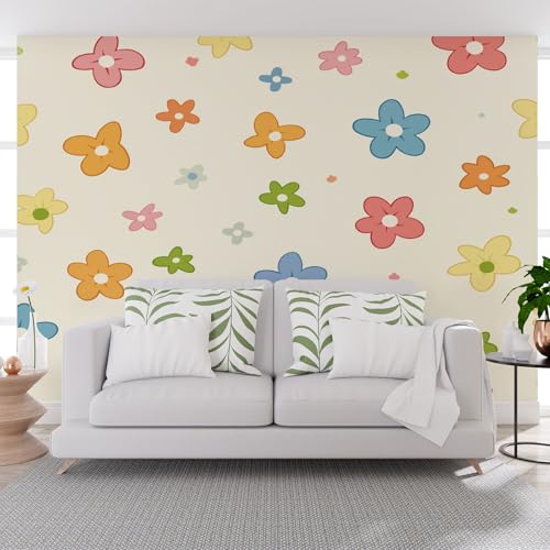 Fototapete Bunt Geometrie Blumen Cartoon Stil 500x280cm (B x H) Wand Deko Leinwand Bilder Vliestapete Groß Wanddeko Wohnzimmer Schlafzimmer Pflanzen Blumen Kunstdrucke 3d effekt Fototapete von Generisch