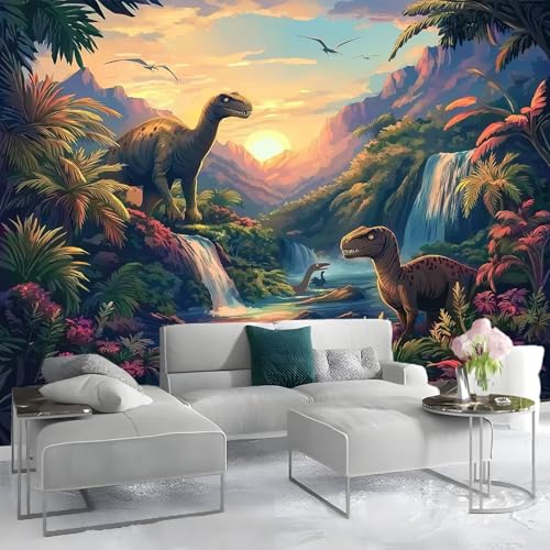 Fototapete Dinosaurier Wasserfall Blumen 350 x 256 cm (W x H) Waldlandschaft Vlies Tapeten Moderne Wandtapete Wohnzimmer Schlafzimmer von Generisch