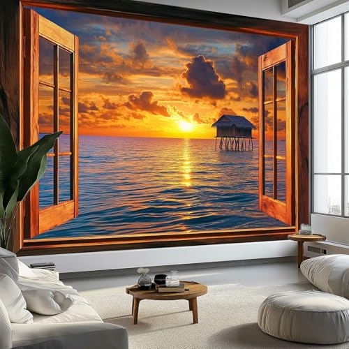 Fototapete Fensterblick Sonnenuntergang Am Meer, Premium Vlies XXL Wand Tapete, Panorama Poster Gelb Wandbild für Wohnzimmer Schlafzimmer Kinderzimmer Wand Dekoration, B350 x H256 cm Fototapete Fensterblick Sonnenuntergang Am Meer, Premium Vlies XXL Wand Tapete, Panorama Poster Gelb Wandbild für Wohnzimmer Schlafzimmer Kinderzimmer Wand Dekoration, B350 x H256 cm von Generisch