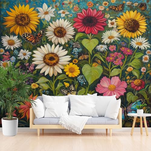 Fototapete - Gemalte Sonnenblumen Und Pflanzen 300x210cm (B x H) - Foto Tapete Schlafzimmer Wohnzimmer Moderne Vliestapete Wandtapete 3d Effekt Wand Dekoration - Pflanzen Blumen Schmetterling von Generisch