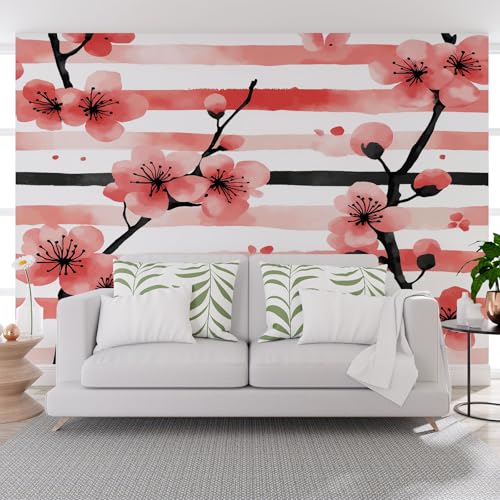 Fototapete Geometrisch Streifen Blumen Rot 500x317cm (B x H) Wand Deko Leinwand Bilder Vliestapete Groß Wanddeko Wohnzimmer Schlafzimmer Aquarell Pflanzen Blumen Kunstdrucke 3d effekt Fototapete von Generisch