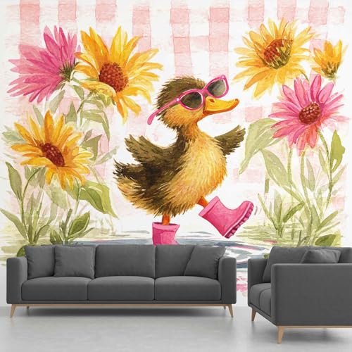Fototapete Lustige Ente – Vliestapete Süße Tier Sonnenblume Aquarell Büffelkaro Tapete – Wanddeko & Panorama-Tapete für Wohnzimmer, Schlafzimmer, Flur, 308x220 cm(Nicht selbstklebend Wandtapete) von Generisch