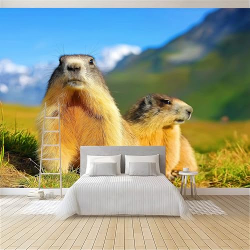 Fototapete Natur Berge Tier Murmeltier, Panorama Wandtapete Dekoration Gelb Vlies Wanddekoration für Wohnzimmer Schlafzimmer 400 x 280 cm (B x H) - UV-Beständig von Generisch
