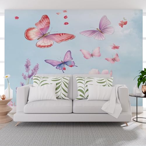 Fototapete Natur Blume Schmetterling Blau 400x280cm (B x H) Wand Deko Leinwand Bilder Vliestapete Groß Wanddeko Wohnzimmer Schlafzimmer Pflanzen Blumen Schmetterling Kunstdrucke 3d effekt Fototapete von Generisch
