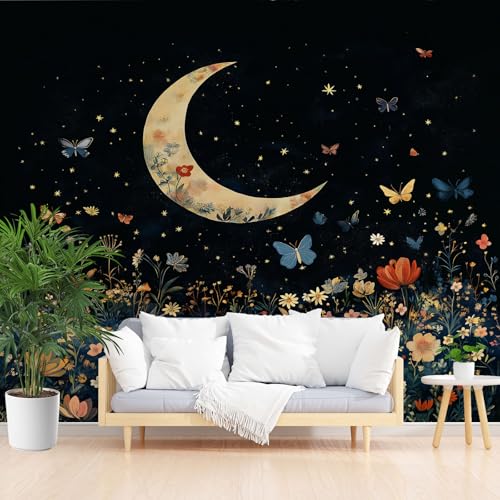 Fototapete Natur Blumen Schmetterling Mond 390x260cm (B x H) Wand Deko Leinwand Bilder Vliestapete Groß Wanddeko Wohnzimmer Schlafzimmer Böhmische Blumen Mond Kunstdrucke 3d effekt Fototapete von Generisch