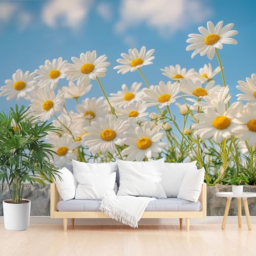 Fototapete Natur Gänseblümchen Blume Blau 400x280cm (B x H) Wand Deko Leinwand Bilder Vliestapete Groß Wanddeko Wohnzimmer Schlafzimmer Pflanze Gänseblümchen Blume Kunstdrucke 3d effekt Fototapete von Generisch