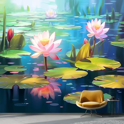 Fototapete Natur Teich Blumen Drucken, 300 x 210 cm Tapete Vliestapeten für Schlafzimmer Wohnzimmer TV Hintergrund Wanddekoration, Blaugrün Tapeten Dekoration Cafe von Generisch
