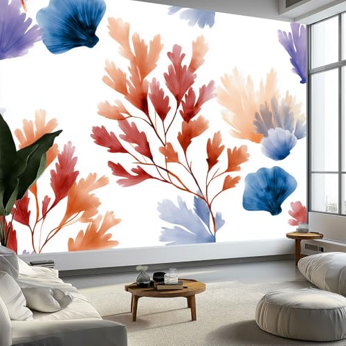 Fototapete Ozean Pflanzen Koralle Tapeten Moderne Wanddeko, Aquarell Stil Vlies Tapeten Wandtapete Fototapete für Wohnzimmer Schlafzimmer Büro oder Flur, 350 x 256 cm (B x H) von Generisch