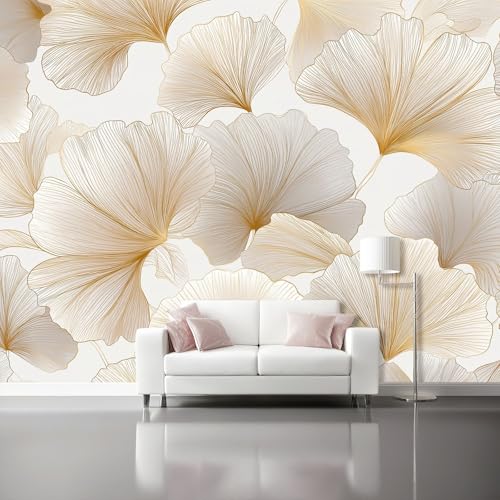 Fototapete Pflanzen Ginkgoblätter Linien Vliestapeten, 400 x 280 cm 3D Effekt Tapeten für Schlafzimmer Wohnzimmer Küchen Wanddeko, Hellgrau Motiv Wandbild dekoration von Generisch