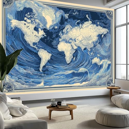 Fototapete Retro-Poster Weltkarte Mit Meereswellen 3D Effekt Vlies Tapeten 400 x 280 cm Wandgemälde, Blau Moderne Wanddeko Design Wandtapete Wohnzimmer Schlafzimmer Büro Flur Wandgemälde von Generisch