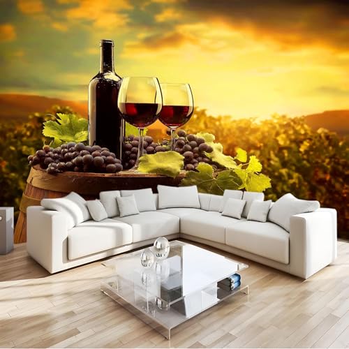Fototapete Romantischer Stil Vlies Tapeten Wandtapete, Weinberg Weinglas Poster Bilder B300 x H210 cm für Wohnzimmer Schlafzimmer Kinderzimmer TV Hintergrund Wand Deko von Generisch
